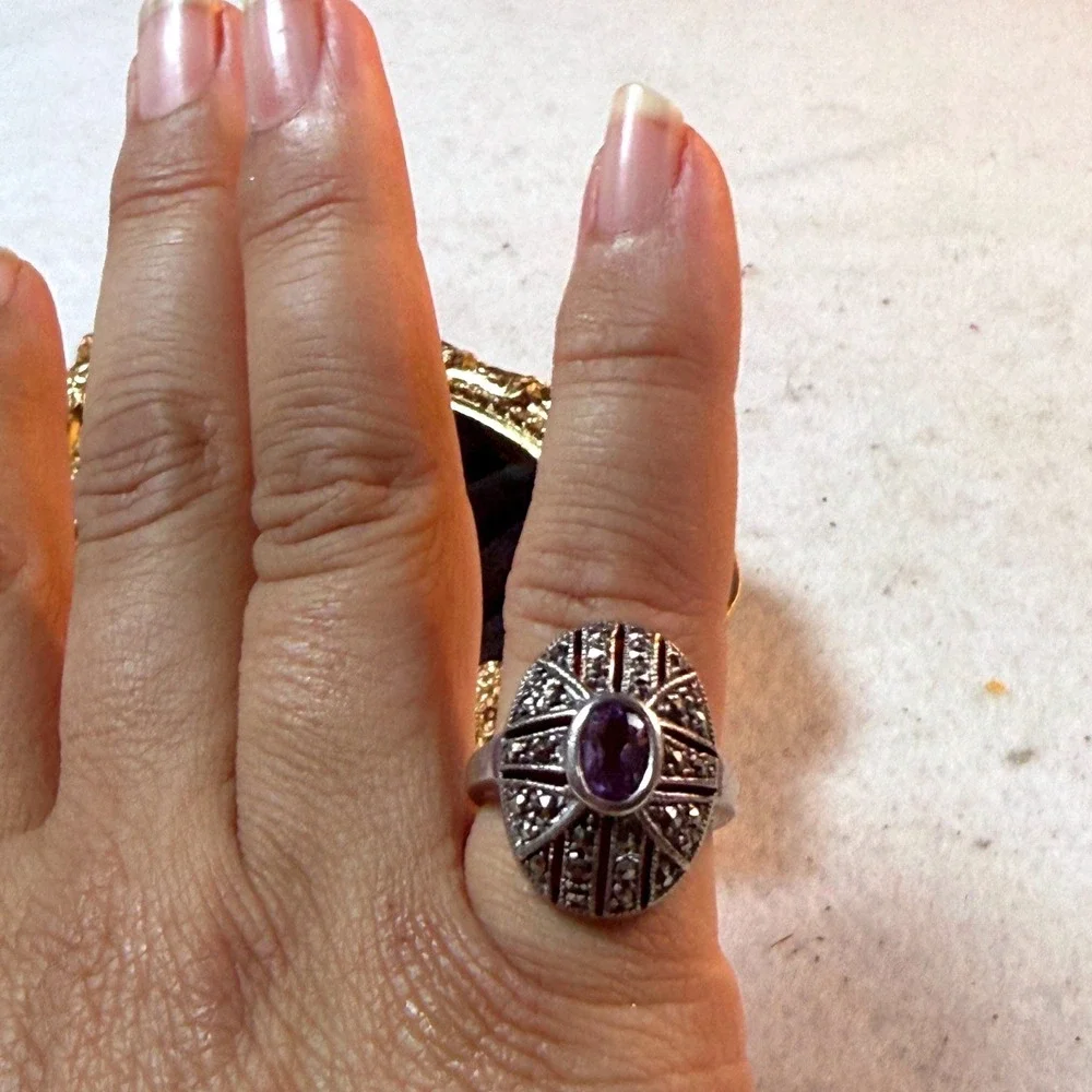 Amethyst Ring Sterling Silver Marcasite Womens 5.75 Art Deco‎ Vintage